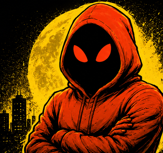 Hooded figure in an orange hoodie with glowing red eyes, arms crossed, before a giant yellow moon over a dark city skyline